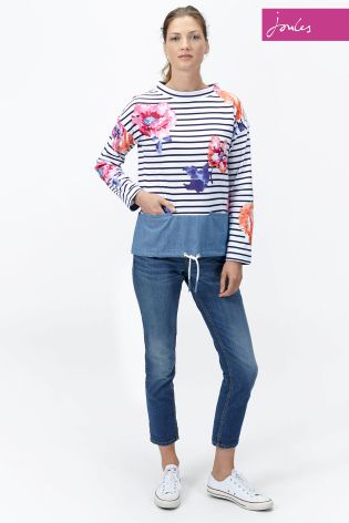 White/Blue Joules Mariana Floral Rose Stripe Sweater